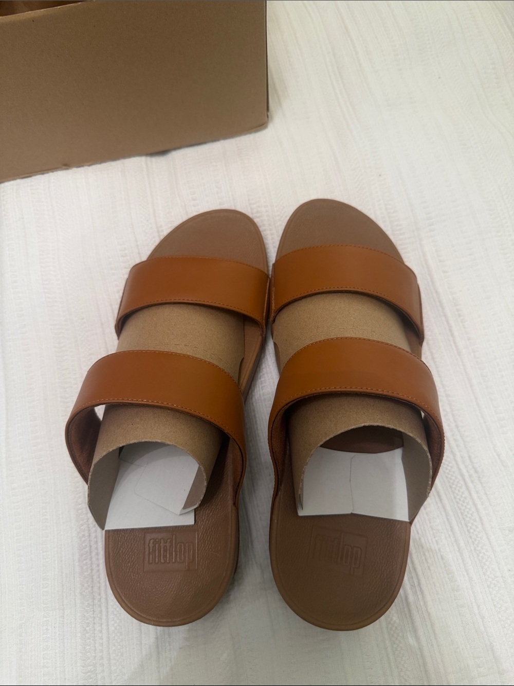 FitFlop Double-Strap Slide Sandals in Tan Leather